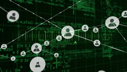 Poster - Animation of network of profile icons and scale over data processing against black background