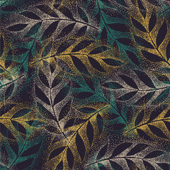 Wall Mural - Abstract nature background. Botanical seamless pattern. Hand drawn foliage in dotted flat style. Leafage silhouettes. Good for fashion, textile, fabric.