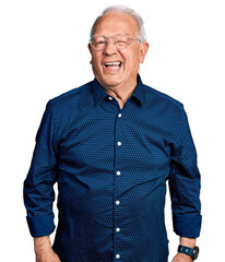 Wall Mural - Senior man with grey hair wearing casual shirt and glasses winking looking at the camera with sexy expression, cheerful and happy face.