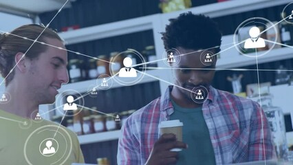 Poster - Animation of network of profile icons over two diverse women discussing over a laptop at a cafe