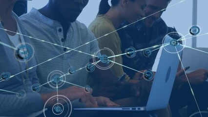 Poster - Animation of network of digital icons over diverse man and woman discussing over a laptop at office