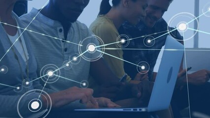 Poster - Animation of network of connections against diverse man and woman discussing over a laptop at office