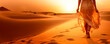Leinwandbild Motiv A women with summer clothes Walking alone on the desert at sunset