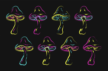 Wall Mural - Set of fantasy magic mushrooms in grunge style. Bright unusual fungus in neon fluorescent colors. Good for fairytale, groovy, hippie, mystical style