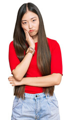 Poster - Young chinese woman wearing casual clothes thinking looking tired and bored with depression problems with crossed arms.