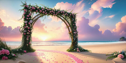 Wall Mural - beach wedding venue, wedding setup, cabana, arch, gazebo decorated with flowers, beach wedding setup