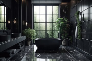 A contemporary, luxurious black bathroom with black marble tile, a bathtub, a plant, and wide windows that let in natural light. Generative AI