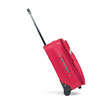 Red suitcase on wheels with the handle extended in the running position, side view, isolated on a transparent background png.