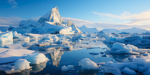 Wall Mural - ice icebergs and snow covered rocks against the sea created with the help of artificial intelligence