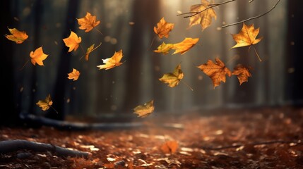 autumn leaves flying in the air in a foggy forest. generative ai.