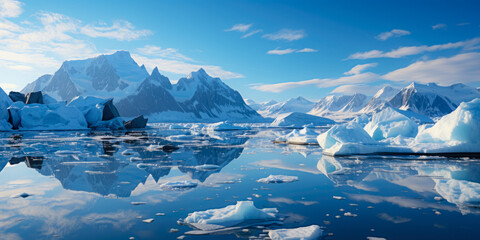 Wall Mural - ice icebergs and snow covered rocks against the sea created with the help of artificial intelligence