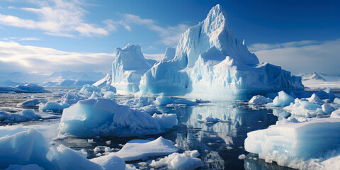 Wall Mural - ice icebergs and snow covered rocks against the sea created with the help of artificial intelligence