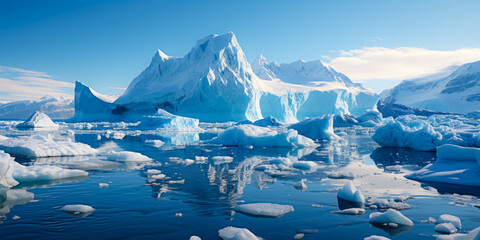 Wall Mural - ice icebergs and snow covered rocks against the sea created with the help of artificial intelligence