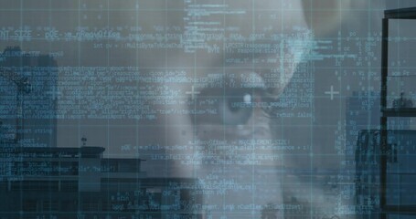 Poster - Animation of statistical data processing over woman's face and cityscape