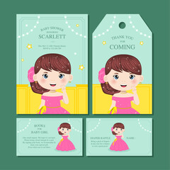 Wall Mural - Baby shower invitation set with cute princess in pink dress