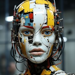 Sticker - a robot head with many wires. Generative AI Art.