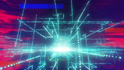 Poster - Animation of glitch technique over dots forming lines and abstract pattern against black background