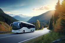White Travel Bus On A Beautiful Highway. AI Generated