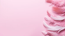Pink Feathers On A Pink Background. Flat Lay, Top View.