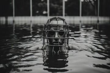 lack and White Portrait of Man with Horror Mask and Cage in Pool