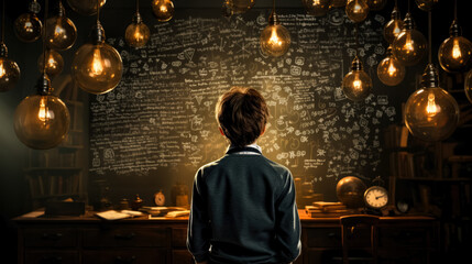 Back view of a schoolboy standing in front of a blackboard with math formulas