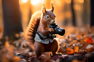 a squirrel with camera on tripod in forest, create using generative AI tools