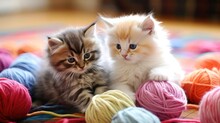 Fluffy Kittens Engage In A Playful Session With Yarn Balls. Watch As They Leap, Swat, And Unravel The Strands, Completely Engrossed In Their Feline Fun. Generated By AI.