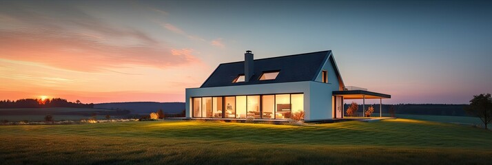 Wall Mural - evening landscape. beautiful sunset over green meadow with house in background