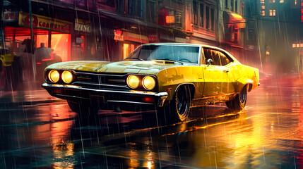 Wall Mural - a painting of a car drives through the city in the night