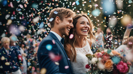 Wall Mural - Love, confetti and wedding with couple and smile for celebration, party and save the date event. Ai generated, ceremony and vows with man and woman for marriage, romance and flower petals