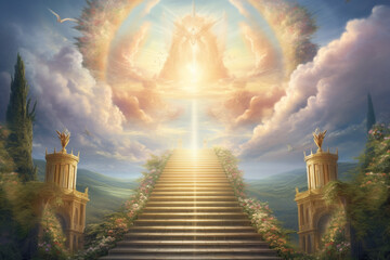 Wall Mural - Culture and religion concept. Surreal illustration of path to heaven. Majestic interpretation on heaven and god. Generative AI