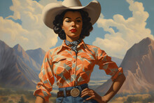 Poc Cowgirl Wearing Plaid Western Shirt With Desert Mountain Range Vista Vintage Americana Painting Made With Generative Ai