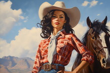 Asian Cowgirl Wearing Plaid Western Shirt With Horse In Desert Mountain Range Vista Vintage Americana Painting Made With Generative Ai