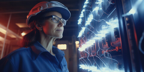 electrician engineer mature female woman in helmet and uniform looking at electricity panel in dark cable connector room. generative ai