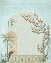 Indian Mughal Decorative Garden With Arch, Peacock, Flower And Plant Illustration