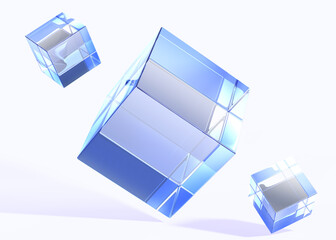 Poster - Glass cubes or blocks with blue light refraction, crystal square boxes with holographic gradient, 3d render background. Flying abstract geometric acrylic shapes, technology design. 3D illustration