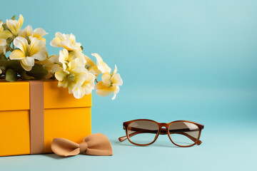 Father's Day concept. front view photo of giftbox in brown necktie, glasses and flowers on isolated blue background