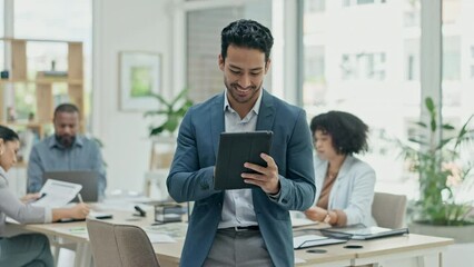 Canvas Print - Asian man, tablet and research in meeting for project management or leadership at office. Happy businessman, employee or team manager with technology in group strategy for social media at workplace