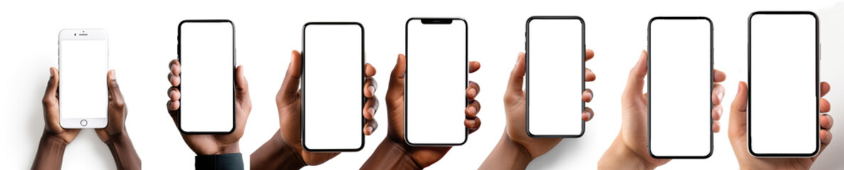Poster - A set of female and male hands holding a smartphone with a blank screen in different orientation, isolated on a white background