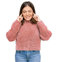 Sticker - Young beautiful woman wearing casual clothes covering ears with fingers with annoyed expression for the noise of loud music. deaf concept.