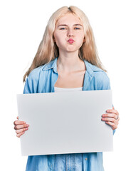 Poster - Young caucasian woman holding blank empty banner puffing cheeks with funny face. mouth inflated with air, catching air.