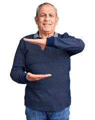 Sticker - Senior handsome man wearing casual polo gesturing with hands showing big and large size sign, measure symbol. smiling looking at the camera. measuring concept.