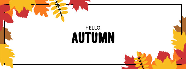 Hello autumn lettering phrase over bright fall leaves background