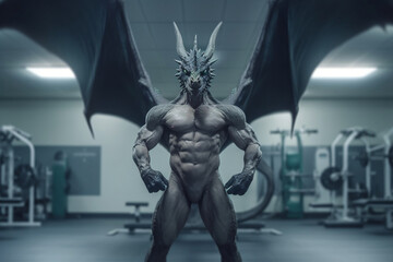 Wall Mural - fit dragon standing at the gym, Fit dragon showcasing its strength at the gym, generative AI