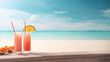 Cocktail serviert auf dem Tisch mit Strand im Hintergrund, ai generativ