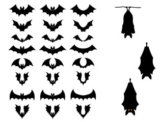 Set of black bat silhouettes isolated on white background. Halloween decorations sticker. Bat flying, hovering, sleeping. Cartoon flat vector collection.