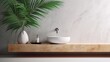 close up restroom counter lavatory top clean white stone wall with treepot leaf and sun light with shade mock up interior backdrop concept home interior design,ai generate