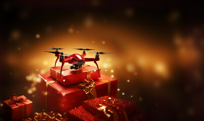 Drone,Unmanned Aircraft System (UAV) Quadcopter Drone Delivering Box With Red giftbox and gold Ribbon on sparkling bokeh background, copy space Merry Christmas, transport,futuristic concept