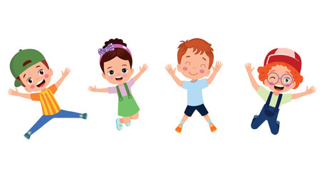 Wall Mural - Jumping kids. Happy funny children playing and jumping in different action poses education little team vector characters. Illustration of kids and children fun and smile