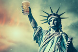 Fototapeta  - statue of liberty hold beer. Liberty's Lager: Statue of Liberty's Playful Beer Adventure.  Humorous concept